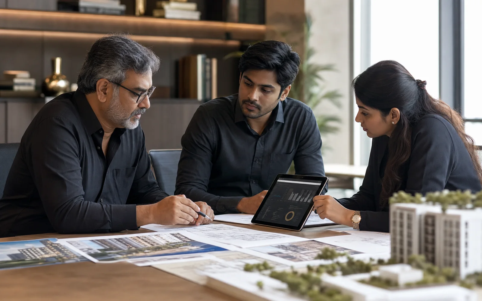 Illustrative photograph of a project review meeting.
