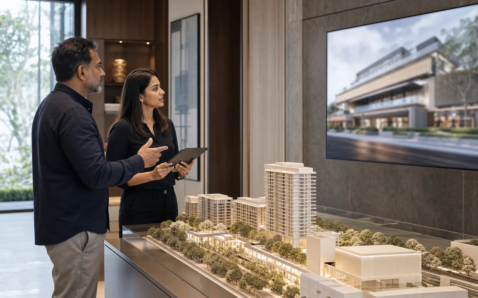 Illustrative photograph of a project presentation being reviewed.