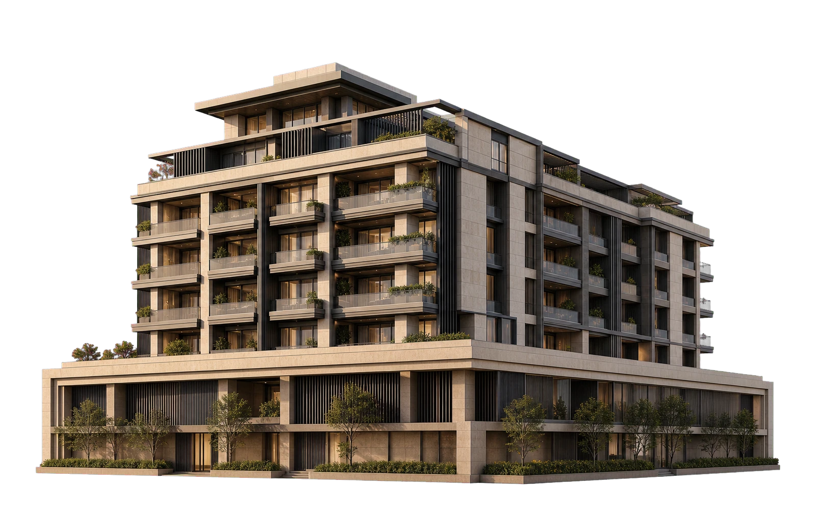 Illustrative view of a residential building and its landscaped approach.