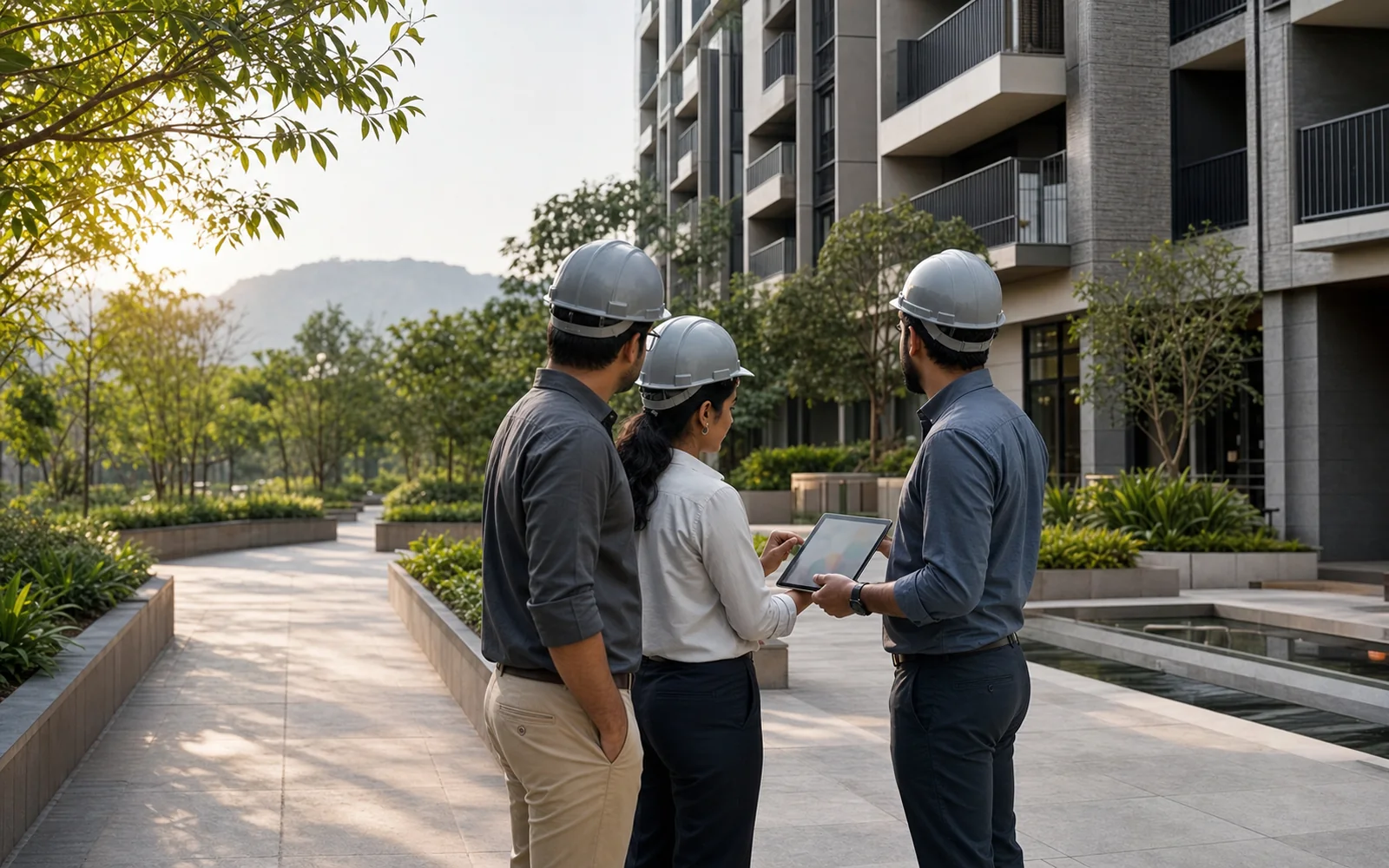 Illustrative photograph of plans being discussed at a project site.