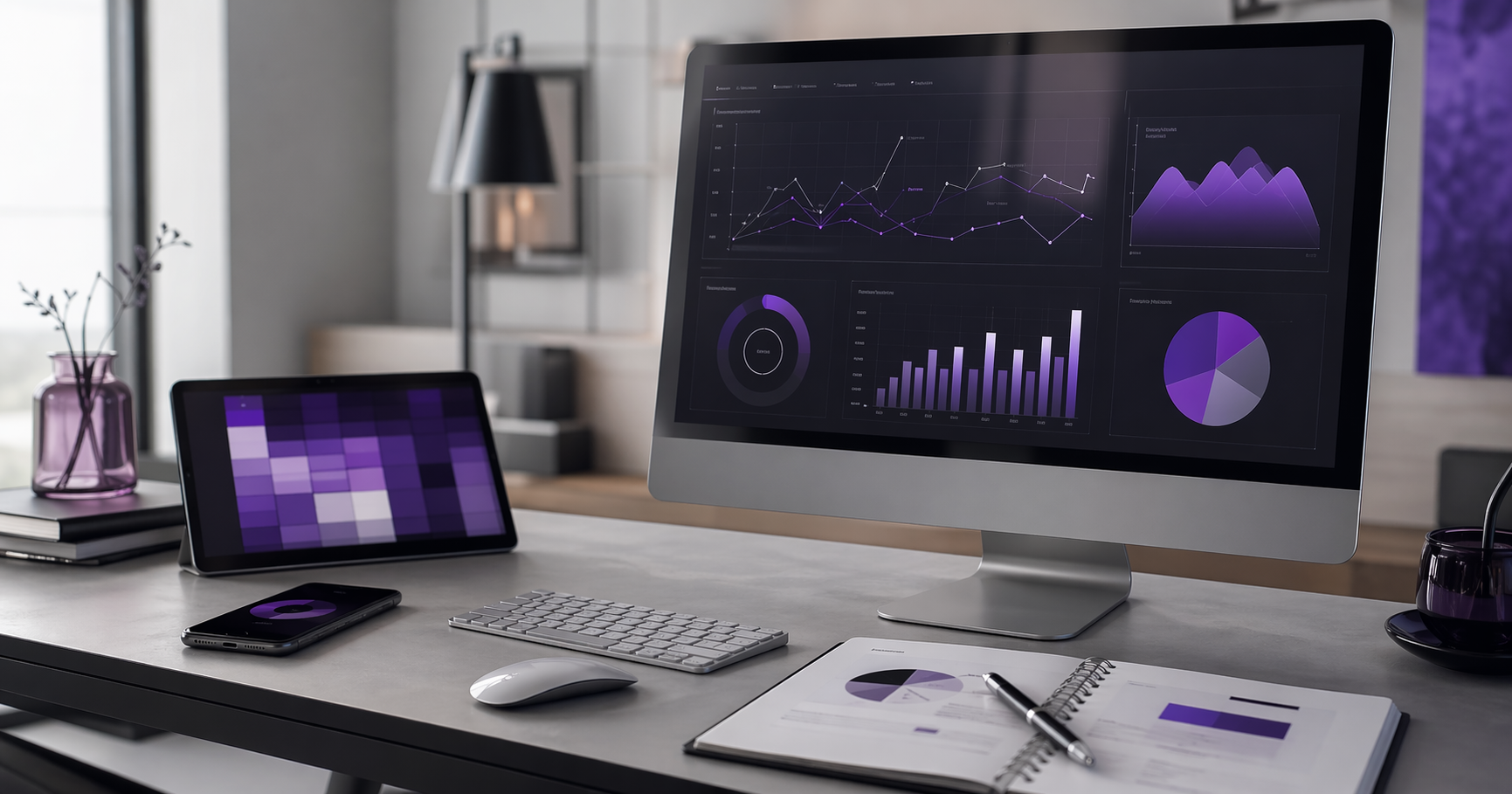 Performance marketing workspace with campaign dashboards and ad planning materials